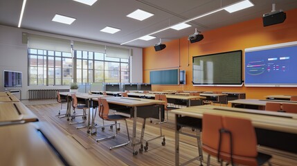 A contemporary classroom or study space features interactive panels and AI assistants, creating an inviting and modern learning environment. Generative AI