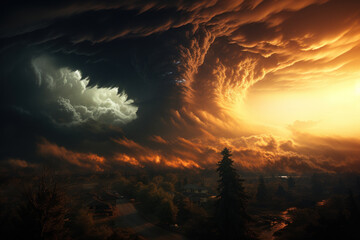 Dramatic storm clouds forming over rural landscape at sunset