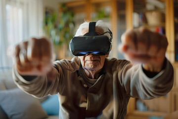 Elderly man using virtual reality for physical therapy exercises - Powered by Adobe