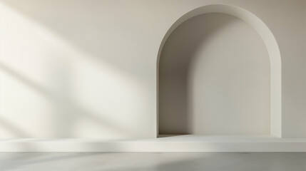 A minimalist bright room featuring an arched alcove with copy space