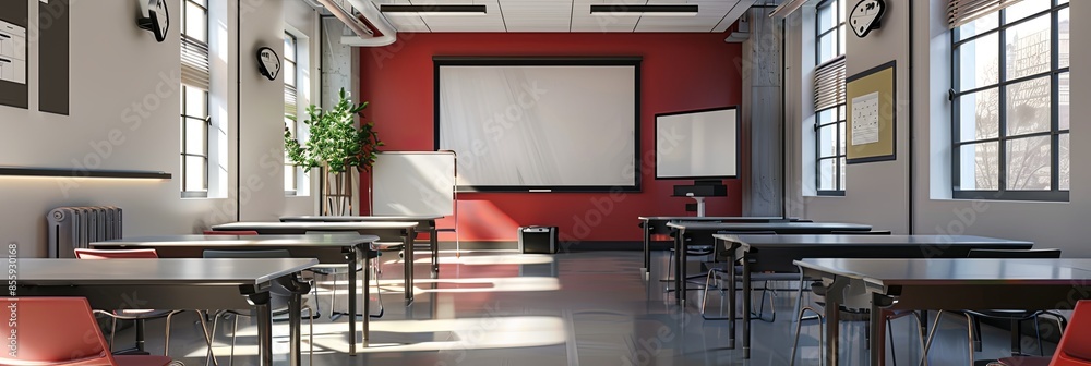 Fototapete A contemporary classroom or study space designed for modern learning with interactive panels and AI assistants. Generative AI