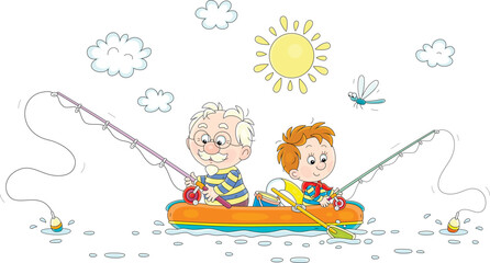Grandpa with his happy little grandson sitting in their inflatable boat and fishing in a small lake on a beautiful sunny day of a summer vacation, vector cartoon illustration on white