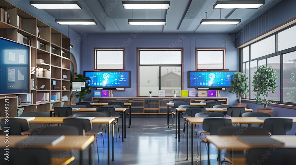 Aufkleber a contemporary classroom featuring interactive panels and ai assistants, creating a modern and invit