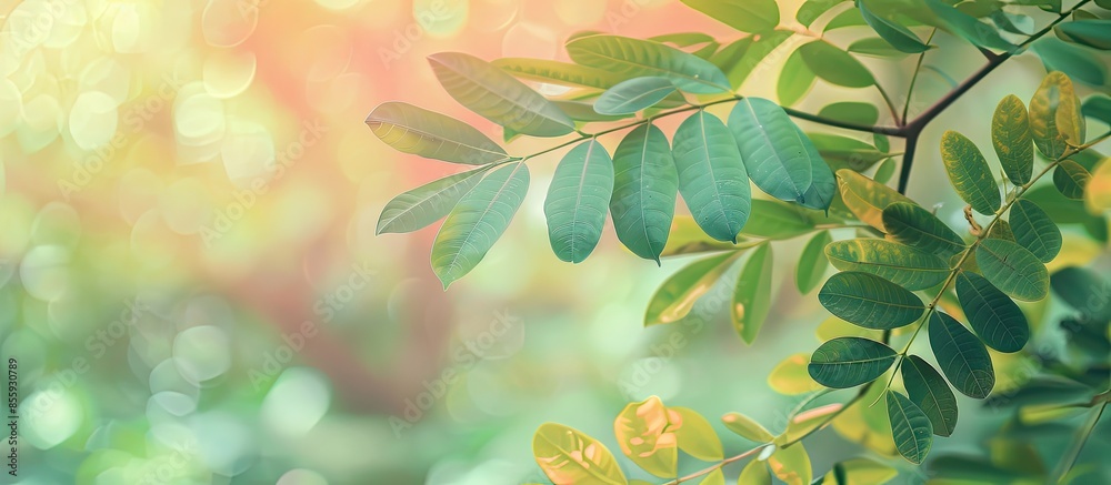 Wall mural tamarind leaves in pastel background. select focus. copy space image. place for adding text and desi