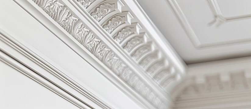 Detail of corner ceiling and walls with intricate crown moulding. Interior construction and renovation concept. Copy space image. Place for adding text and design