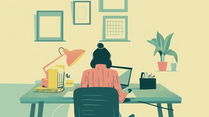 Fototapeta premium Efficient Home Office Organization - Person Setting Up Desk with Laptop, Lamp, and Stationery