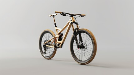 Naklejka premium A gold mountain bike is shown in a 3D rendering image. It is placed against a plain white background.