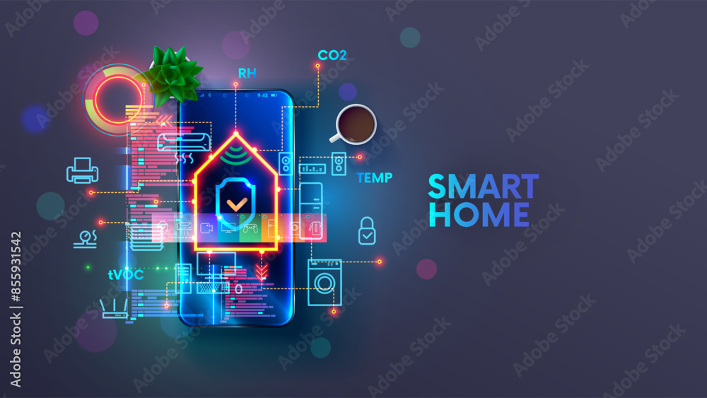 Poster Smart home system application on screen smart phone. Customization automation devices, sensors, hub of smart home. Phone internet remote controls of home appliances. Development home network of IOT.