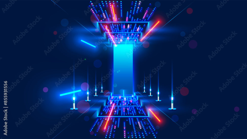 Fototapete Abstract door in tunnel with digital data center light signals. Future computer technology concept of cyber gate in cyberspace or metaverse. Fantasy cyber door or portal in data center. Tech banner.
