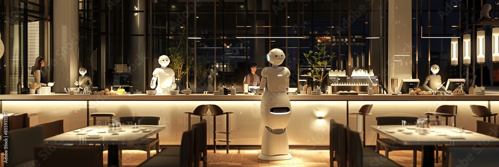 Poster AI robots interacting with customers in a sleek and professional restaurant setting, enhancing service quality and customer experience. Generative AI