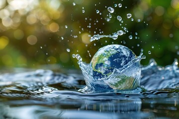 Planet Earth in splash of water. Save the planet, nature and preserve water resources. Generative Ai