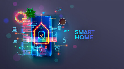 Smart home system application on screen smart phone. Customization automation devices, sensors, hub of smart home. Phone internet remote controls of home appliances. Development home network of IOT.