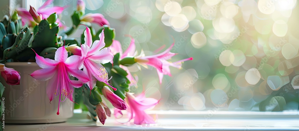 Canvas Prints pink Christmas cactus blooms on the windowsill. Copy space image. Place for adding text and design