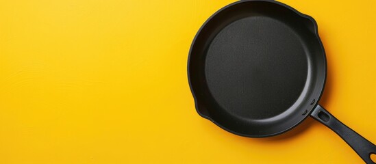 high angle view of the special coating of frying pan pastel background. Copy space image. Place for adding text and design