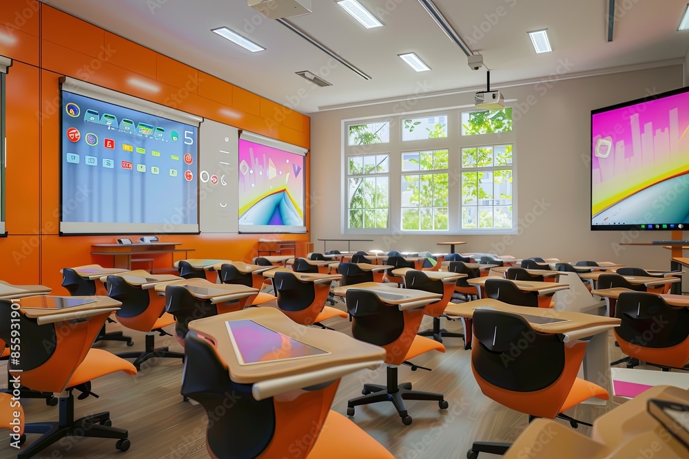Poster a contemporary classroom with interactive panels and ai assistants, designed to enhance student lear