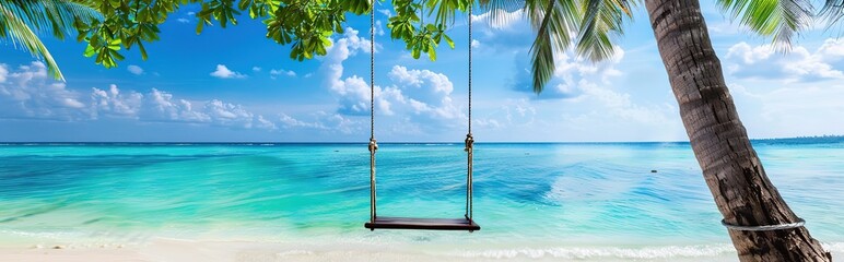 Serene white beach with clear blue sea and sky, featuring a hanging white swing chair, with palm trees in the distance.