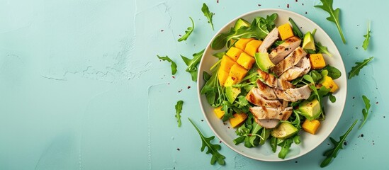 Holiday salad with smoked chicken, mango, avocado and arugula Isolated on pastel background. Flat lay. Top view. Copy space image. Place for adding text and design
