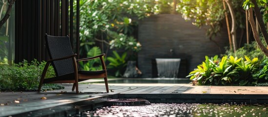 Black chair in wood patio at green garden with fountain in house. Outdoor garden. Copy space image. Place for adding text or design