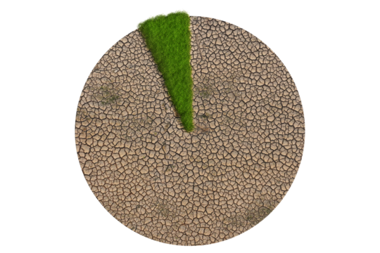 pie chart showing dry land with a small area of green forest, symbolizing deforestation and desertification