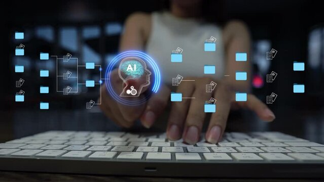 Ai artificial intelligence Futuristic holographic interface of a file manager, folder structure with documents and data scanning, digital document storage software, cloud database, search and manage 