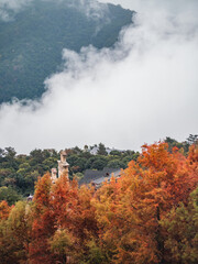 The castle in the mountains with sequoia trees.