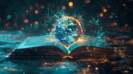 open book on a wooden counter under the night sky, misty background, knowledge and wisdom concept