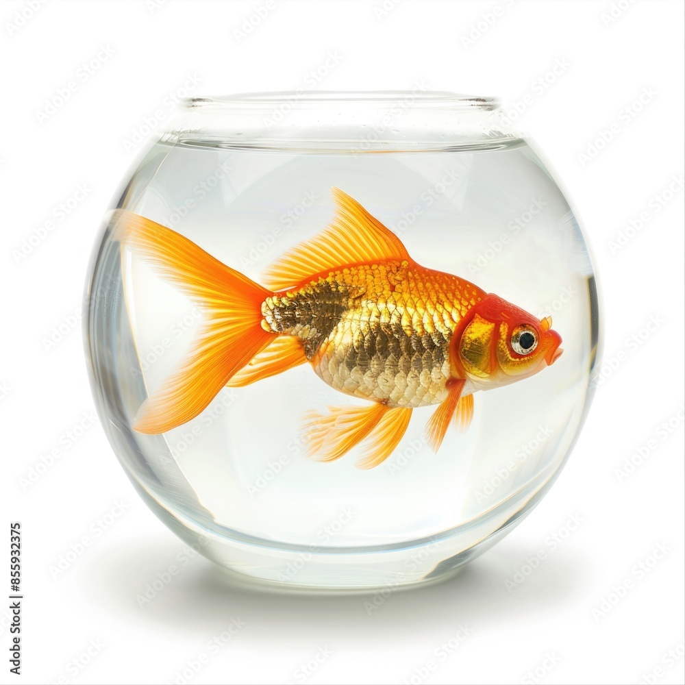Wall mural Tranquil Goldfish in Clear Glass Bowl on White Background - Wall murals