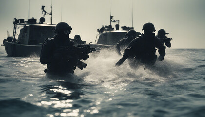 silhouette of underwater commando team advancing on boat in foggy sunrise.