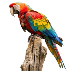 Fototapeta premium Beautifully Colored Parrot Perched on Wooden Stand with Wings Open on White Background