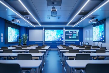 A contemporary classroom equipped with interactive panels and AI assistants, providing an engaging and modern learning environment for students. Generative AI