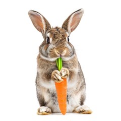 Obraz premium Cute Rabbit Holding Fresh Carrot on White Background
