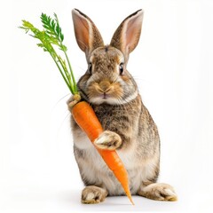 Obraz premium Adorable Rabbit Holding Carrot - Cute Bunny with Fresh Vegetable, Isolated on White Background