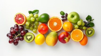 Variety of fresh fruits arranged on a white background