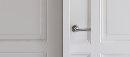 Fototapeta premium Modern style silver door handle on white door. Copy space image. Place for adding text and design