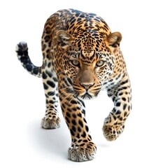 Obraz premium Agile Leopard with Alert Expression Ready to Pounce on White Background