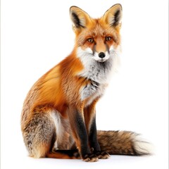 Majestic Red Fox Sitting Proudly with Bushy Tail Wrapped Around, Isolated on White Background