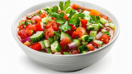 A bowl of vibrant gazpacho with fresh vegetables, isolated on a white background, studio lighting to highlight the refreshing and colorful dish