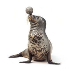Playful Seal Balancing Ball on Nose Isolated on White Background