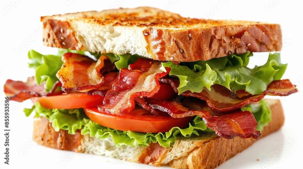 Wall mural classic blt sandwich with crispy bacon, lettuce and tomatoes isolated on white background with studi