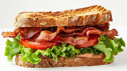 Classic BLT sandwich with crispy bacon, lettuce and tomatoes isolated on white background with studio lights