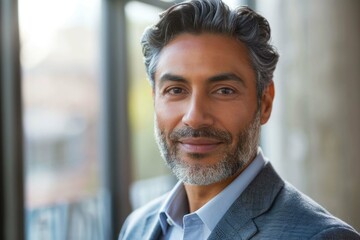 Obraz premium Headshot close up portrait of indian or latin confident mature good looking middle age leader, ceo male businessman on blur office background. Handsome hispanic senior business man smiling at camera.