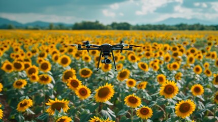 Obraz premium Drone Capturing Vibrant Sunflower Field in Countryside Landscape