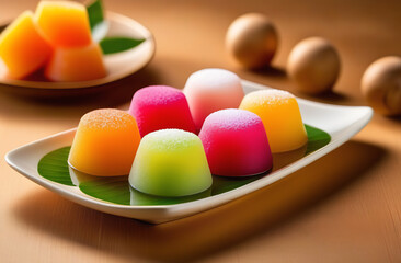 colorful jelly candies on the rectangle plate. Yellow, pink, green, orange sweets 