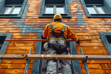 Fototapeta premium Man painting building orange on ladder