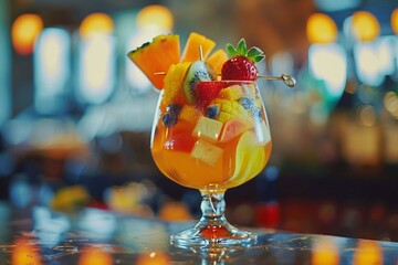 Fresh exotic tropical fruit combo in glass on bar counter on luxury resort.Macro.AI Generative.