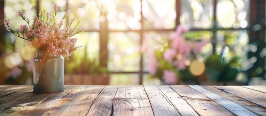 Table background of free space and blurred window of spring time. . Copy space image. Place for adding text and design