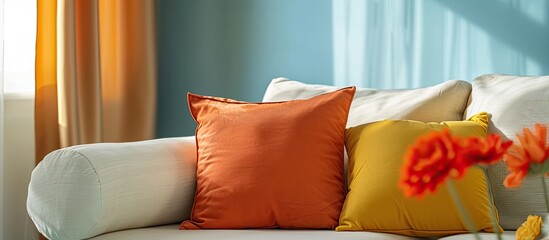 Comfortable pillow on sofa chair decoration in living area interior. Copy space image. Place for adding text and design