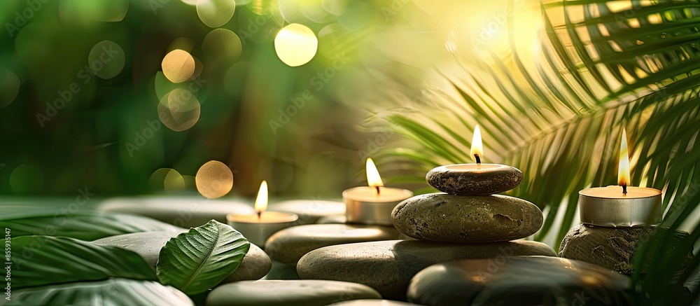 Wall mural Burning candles and spa stones with palm leaf on table against blurred green background, space for text. Copy space image. Place for adding text and design