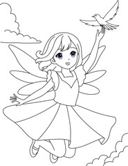 Cute kawaii fairy with sparkling wings isolated on white background outline coloring page for kids