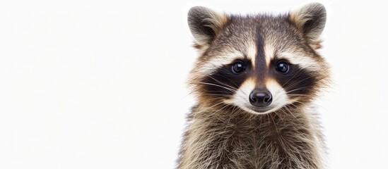 Obraz premium Portrait of a cute funny raccoon, closeup, isolated on a white background. Copy space image. Place for adding text and design
